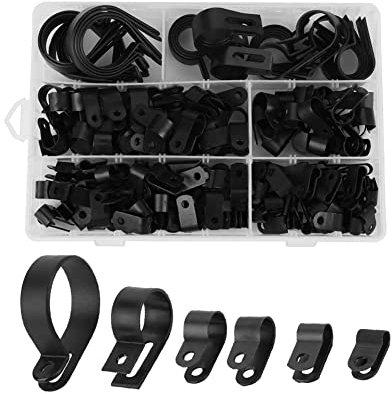 Fydun Kabelklemmen 200 Stück Nylon Kunststoff Kabelhalter Kabelschellen P Befestigungs Clips Drahtklemme Sortierte Box für Draht, Kabel, Leitungen und Kabelkanal Kit(Schwarz)