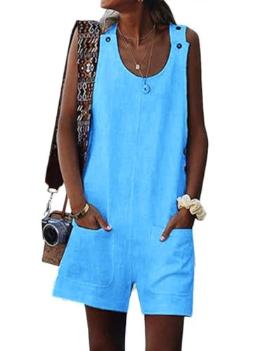 ORANDESIGNE Jumpsuit Damen Sommer Overalls Ärmellos Kurz Latzhose Casual Playsuits A Blau 46