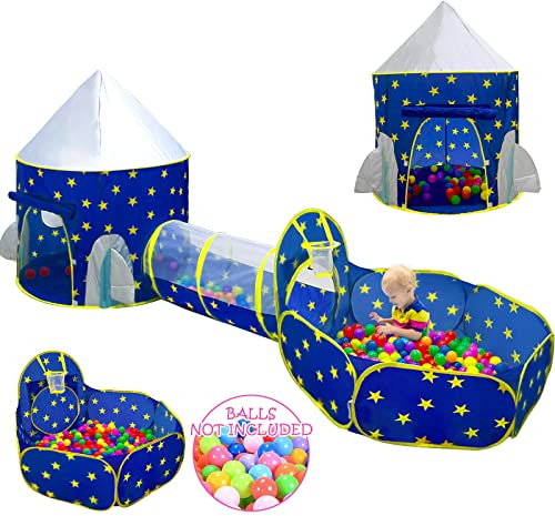 3pc Kinder Spielzelt für Jungen mit Bällebad, Krabbeltunnel, Prinzessin Zelte für Kleinkinder, Baby Space World Spielhaus Spielzeug, Jungen...