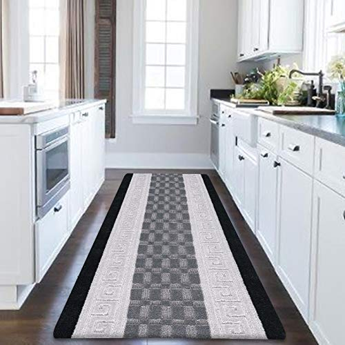 PHP Anti Slip Heavy Duty Waterproof Hall Runner Rug, 80 x 300 cm Non-Slip Large Rugs with Strong Gel Backing Long Runner Rug for Hallway, Kitchen and Bedroom -Black Grey