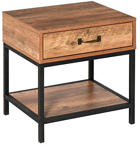 HOMCOM Mesita de Noche Mesilla de Noche Mesa Auxiliar con Cajón y Estante Estilo Industrial para Dormitorio Sala de Estar 48x40x51,5 cm Teca y Negro