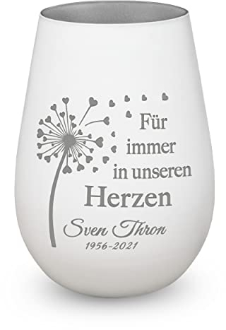 Trauerlicht Gedenklicht Andenken Windlicht Trauergeschenk Tod Erinnerung Teelichtglas Grablicht Kistallglas weiß Pusteblume Herzen mit Gravur Name und Datum