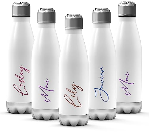 Print Maniacs Personalised Stainless Steel Water Bottle Any Name Thermal Vacuum Insulated Metal Water Bottle for 12 Hours Hot & 24 Hours Cold Drinks Sports Flask Work Gym Travel 500ml (White)