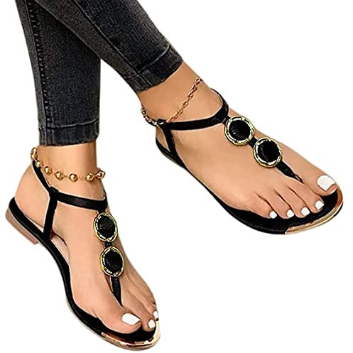 ORANDESIGNE Sandales Plates Femmes Chaussures Été Confortable à Talons Plats Nu Pieds Mode Tongs Plages Claquettes Semelle Matelassée Bout Ouvert Tressée D Noir 38 EU