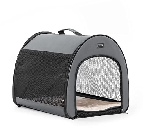 Petsfit Hundebox faltbar, tragbare & Atmungsaktive Hundebox für Zuhause mit Gewölbtem Design, Zimmerkennel Hund Hundeschlafbox mit Anti-Offener Reißverschluss und Plüschkissen,M, Grau