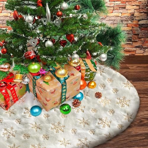 Jupes de Sapin de Noël, Tapis de Sapin de noël Peluche 90CM Couvre Pied Sapin Noël Rond Blanc avec Flocon de Neige Doré Artificielle Jupe d'arbre de Noël Décorations Cache Pied pour Arbres de Noël