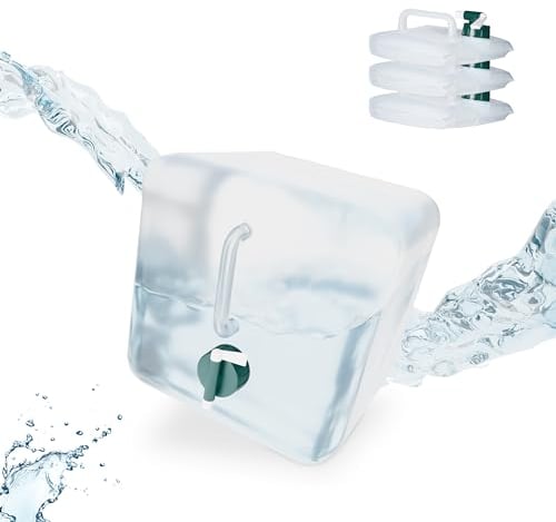 Relaxdays Pack 4 Bidones Plegables, Garrafas Agua Cuadradas, Grifo y Asa, de 10 litros, sin BPA, Transparente/Verde