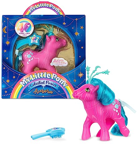 Basic Fun My Little Pony Himmlische Ponys – Aurora, Retro-Pferdespielzeug für Mädchen und Jungen, 40-jähriges Jubiläum rosa Pony-Figur, einschließlich himmlischer Krone und Zubehör, ab 4 Jahren