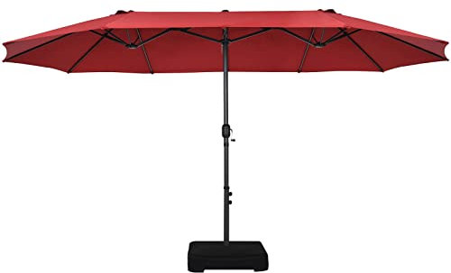 TANGZON 4.5 x 2.7M Patio Umbrella and Base Weight, Double-Sided Twin Size Garden Parasol with 12 Ribs & Crank Gandle, Outdoor Cantilever Sunshade Canopy and Stand Set for Yard Market Pool (Wine)