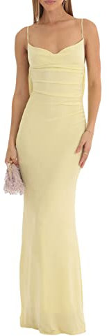 Geagodelia Robe Maxi-Longue à Bretelles Spaghetti Dos Nu Col V Robe Slim Moulante Chic Elégant (Jaune, S)