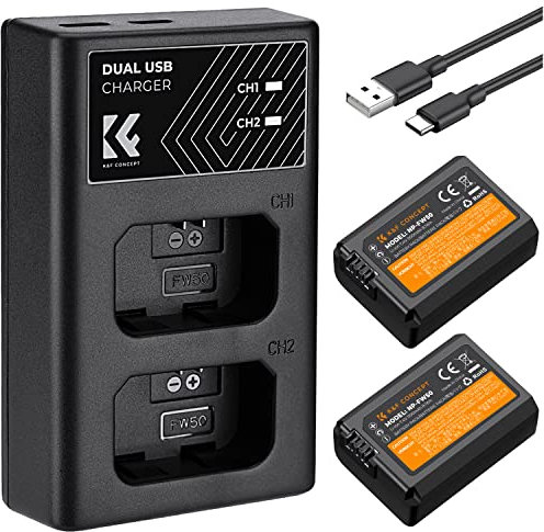 K&F Concept NP-FW50 Battery and Charger Set for Sony ZV-E10, Alpha 7, A7, A7II, A7RII, A7SII, A7S, A7S2, A7R, A7R2, A5000,A6000, A6500, A6300, NEX-3, NEX-5