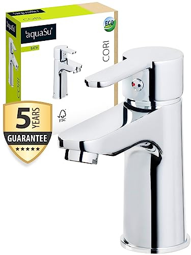 'aquaSu® Waschtischarmatur Cori, Kosten-sparende Wasserspar-Kartusche, Pop-Up-Ventil, Keramikkartusche, Montage von oben, Messingkern, verchromt, 798624