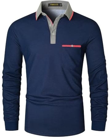 VMSUCIJ Men's Long Sleeve Polo Shirts Regular-Fit Collared T-Shirts Sport Golf Polos with Pocket Tops,Blue D08,L
