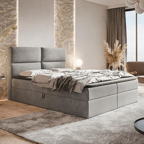MOTIVENA Nevada Boxspringbett 180x200 mit Bettkasten und Topper, Polsterbett 180x200 mit Bettkasten, Taschenfederkern-Matratze (H3), Visco Memory-Foam Topper (H2), Samt, Grau (Hellgrau)