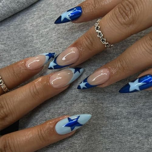 Angwis 24pcs Medium Almond False Nails French Tip Stick on Nails Blue Star Press on Nails Fake Nails Removable Glue-on Acrylic Full Cover Nails Women Girls Nail Art Accessories