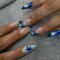 Angwis 24pcs Medium Almond False Nails French Tip Stick on Nails Blue Star Press on Nails Fake Nails Removable Glue-on Acrylic Full Cover Nails Women Girls Nail Art Accessories