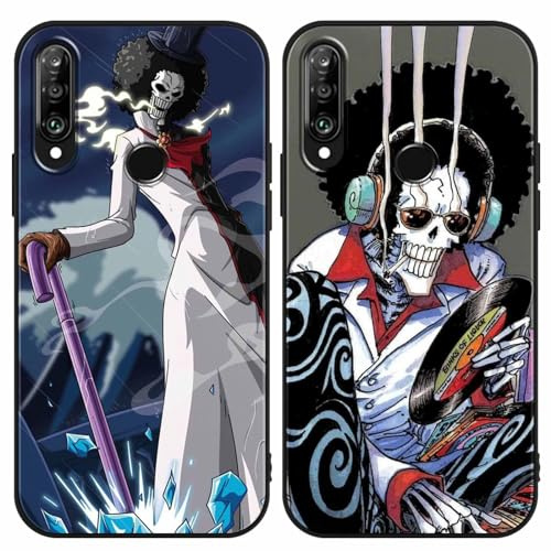 PBNDJVG 2 Stück Handyhülle für Huawei P30 Lite Hülle 6.15 Zoll, Anime One Piece Brook mit Motiv Designs Manga Case Schutz Schutzhülle Stoßfest TPU Weich Ultra Dünn Cover -Schwarz3