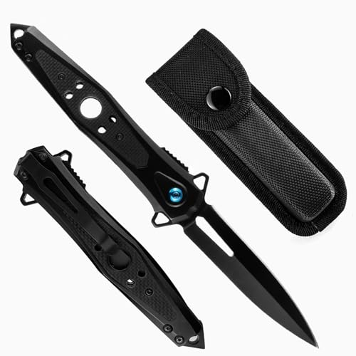 ohmonlyhoo Klappmesser,Einhandmesser mit G10-Griff und Nylonscheide, Taschenmesser mit Taschenclip,für Camping, Wandern, Geschenk für Männer, Schwarz