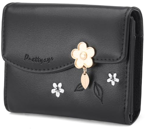HNOOM Portefeuille Femme Petit Format Porte Monnaie Femme en Cuir PU Porte Feuilles pour Femme avec Zippé Pochette à Monnaie et Porte Carte Petit Porte Feuille Bifold (S-Noir)