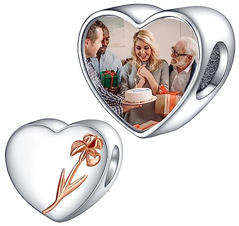 Annmors 925 Argent Sterling Personnalisé Photo Breloque en Forme de Coeur Photo Perle Breloque Bead fit Bracelet à Breloques pour les Femmes,February Violet Beads Bijoux Cadeau Maman Femme
