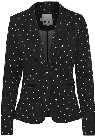 ICHI IHKATE Damen Blazer Jackenblazer mit Reverskragen 1-Knopf-Form V-Ausschnitt Gemustert Slim fit, Größe:M, Farbe:Black Heart AOP (203261)