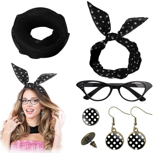 Quxvena Rockabilly Accessoires Damen, Faschingskostüme Verkleidung Damen 50er Jahre Accessoires Rockabilly Damen, Chiffon Schal Brille Bandana Krawatte Stirnband Ohrringe für Fasching