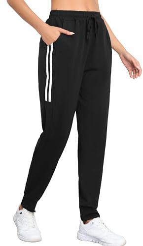 Vlazom Jogginghose Damen Lang Baumwolle Sporthose Freizeithose Trainingshose mit Taschen High Waist Sweatpants mit Streifen(M,Schwarz)