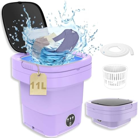 SZAJOR 11L Portable Washing Machine, Mini Foldable Washer with Drain Basket, Intelligent Laundry Machine,Purple