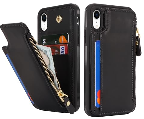 SailorTech Handyhülle für iPhone XR Mit Kartenfach, Kartenhalter und Reißverschluss Geldbörse - Schwarz