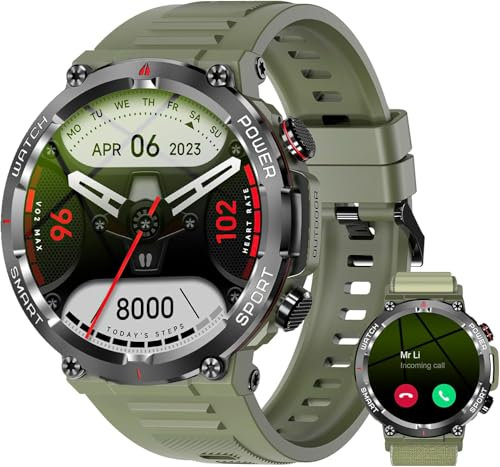 IOWODO Smartwatch Uomo,Orologio Fitness Chiamate Bluetooth,Smart Watch Militari Tracker con Cardiofrequenzimetro,SpO2, Monitoraggio del Sonno,100+ modalità Sport Compatibile Android con iOS