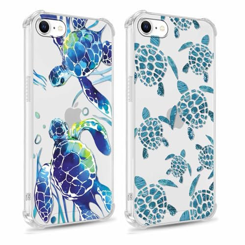 Foonary 2 Pack Clear Print Phone Case for iPhone 8/SE 2022/7/SE 2020 4.7,Soft Silicone with Cute Turtle Design Aesthetics Transparent Pattern Cases,Shockproof Bumper Protector Cover Girls for iPhone7