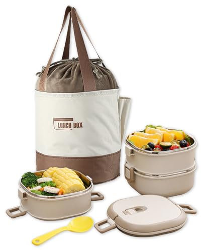 EACHPT Lunch Box for Adults,3 Layer Stainless Steel Bento Box,2.1L Thermal Lunch Box,Portable Stackable Lunch Box with Lunch Bag, Leak-Proof&BPA Free,Microwave Dishwasher Safe Available,White
