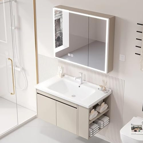 Badmöbel Set 2-teilig Waschbecken Mit Unterschrank,Waschbeckenunterschrank Mit Smart Spiegel Schrank Und Pull Out Wasserhahn Floating Vanity Aus Aluminium Mit Wabenstruktur 18mm Dick