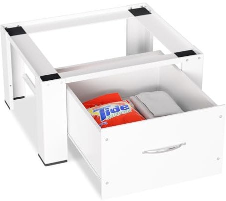 Ollewiellan Waschmaschinen Untergestell mit Schublade bis 150kg, waschmaschinen-erhöhung mit Schublade, Waschmaschinen-Unterschrank Sockel max. Stahl Podest 62.5x54.5x32.5cm Weiß