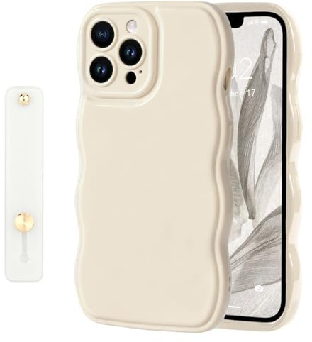 NITITOP Compatible with iPhone 13 Pro Case Cute Simple Wave Design Stylish Wavy Curly Frame with Wrist Adjustable Hand Strap Kickstand Grip Holder Soft Silicone Protective Cover-White