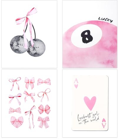 XIHIRCD 4 Stück Zimmer Poster Aesthetic, 25 x 20 cm Ungerahmte Wanddrucke 4 Stile Wandposter mit Rosa Motiv Adrette Wandkunstdrucke Ästhetische Wanddekorationsposter für Mädchenwohnheim