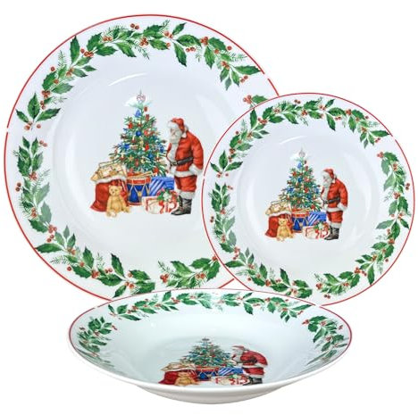 Servizio Piatti Natalizi 18 Pezzi Porcellana Bone China 6 Persone Piatto Piano Fondo Dessert Decorazione Santa Claus Tavola Natale Certificati Contatto Alimentare Idea Regalo