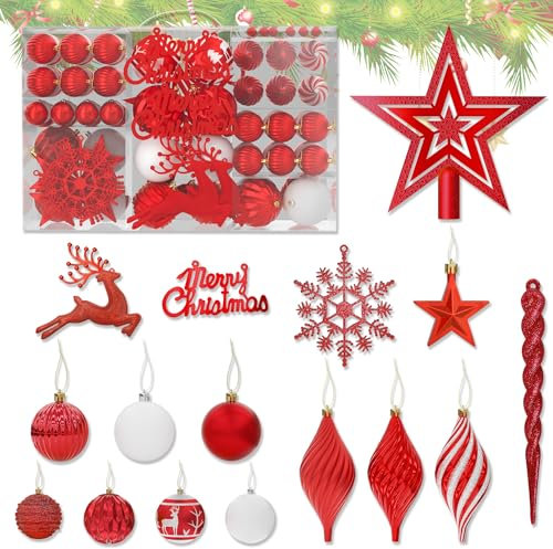 SUBTLETY Weihnachtskugeln Kunststoff 108 Stück Christbaumkugeln mit Hängeseil, Plastik Weihnachtsschmuck inkl. Baumspitze Stern, Bälle, Briefe, Hirsche, Schneeflocken für Weihnachten Deko (Rot)