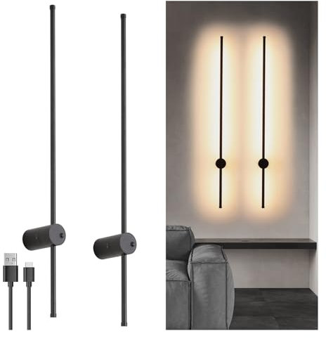 Apliques de pared LED que funcionan con pilas y puerto de carga USB - Luces de pared interiores recargables para sala de estar y dormitorio - Aplique de pared negro mate con lámpara decorativa blanca