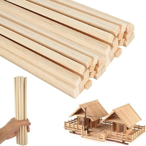 Lot de 50 bâtons carrés en bois de balsa - 5 x 5 x 300 mm - Bâtons en bois naturel pour bricolage, art et artisanat du bois