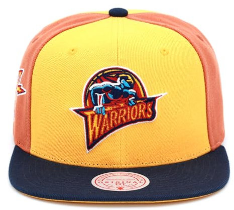 Mitchell & Ness Golden State Warriors Hardwood Classics NBA On The Block Snapback Hat Adjustable Cap - Gold/Navy/Brown, Marineblau, Einheitsgröße