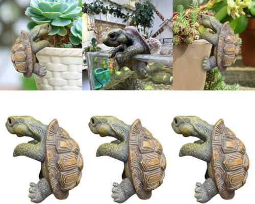 Gartendeko für Draußen Wetterfest Miniteich Schildkröte Statue, Harz Kantenhocker Figuren, Garten Deko Gartenteich Ornament, Deko Garten Gartenfiguren Tiere Für Blumentopf Balkon Teichdeko (Ax3)