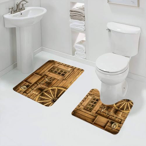 QRFASFZO Badezimmerteppich - Kit 2 Teile,Holzhaus-Wanddekoration, altmodisches Holzhaus, einäugiges Landleben,absorbierbares waschbares Badezimmerteppich für Badewannen,Toiletten und Böden