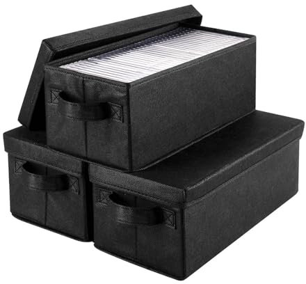 Yallmie 3PCS Fabric CD Storage Boxes, 36×16×14 cm CD Organizer with lids DVD Storage Boxes Holds 135 CDs/60 DVDs, DVD Case Bins also Perfect for Books Photos Socks