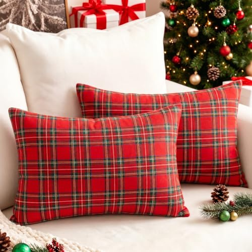 Vorysum Rot Weihnachten Kissenbezug 30x50 cm 2er Set Samt Karierte Winter Weihnachtsdeko Kissenbezüge Dekokissen Kissenhülle Zierkissen Christmas Wohnzimmer Büro Hotel