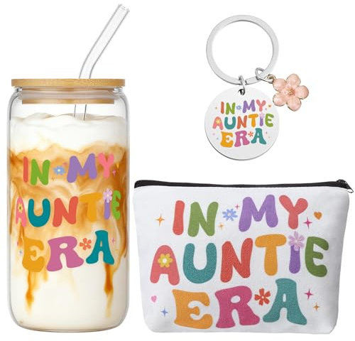 saerryor Auntie Gifts Set,16 oz Glass Iced Coffee Cup,Makeup Bag,Keyring | Drinking Cup with Lid and Straw,Christmas Birthday Gifts for Auntie from Niece Nephew