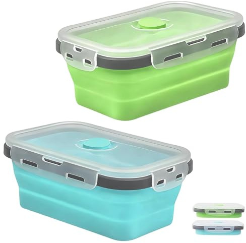 Shwdsy 2 Piezas Lunch Box, 1200 ML Fiambrera Infantil, Fiambrera Silicona con Válvula Transpirable, Fiambreras Plegables de Silicona, para Casa, Escuela, Oficina