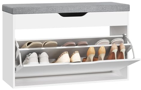WOLTU 3-in-1 Schuhbank mit Sitzfläche, Schuhschrank mit Sitzbank | Für Flur Schlafzimmer Wohnzimmer, Klappschublade mit 2 Etagen, bis 145 kg belastbar, 80x51x30 cm, Weiß + Hellgrau