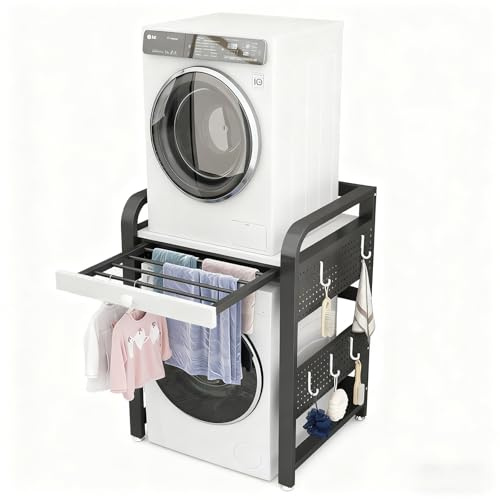 Schrank Waschmaschine Trocknerständer Regal über Waschmaschine Und Trockner übereinander mit Lochblech Und Ausziehbarem Kleiderbügel 200 Kg Tragkraft Geeignet Für Waschküchen Wohn BlackFrame+WhiteTop