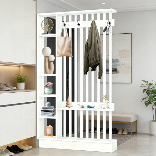 Wandraum Teiler mit Lagerregal, Eingangshalle -Trennwesensäule Säulen- bis Decke, aus massivem Holz, leicht zu montieren, geeignet für die Heim- oder Bürodekoration geeignet (C White + White, 120cm)